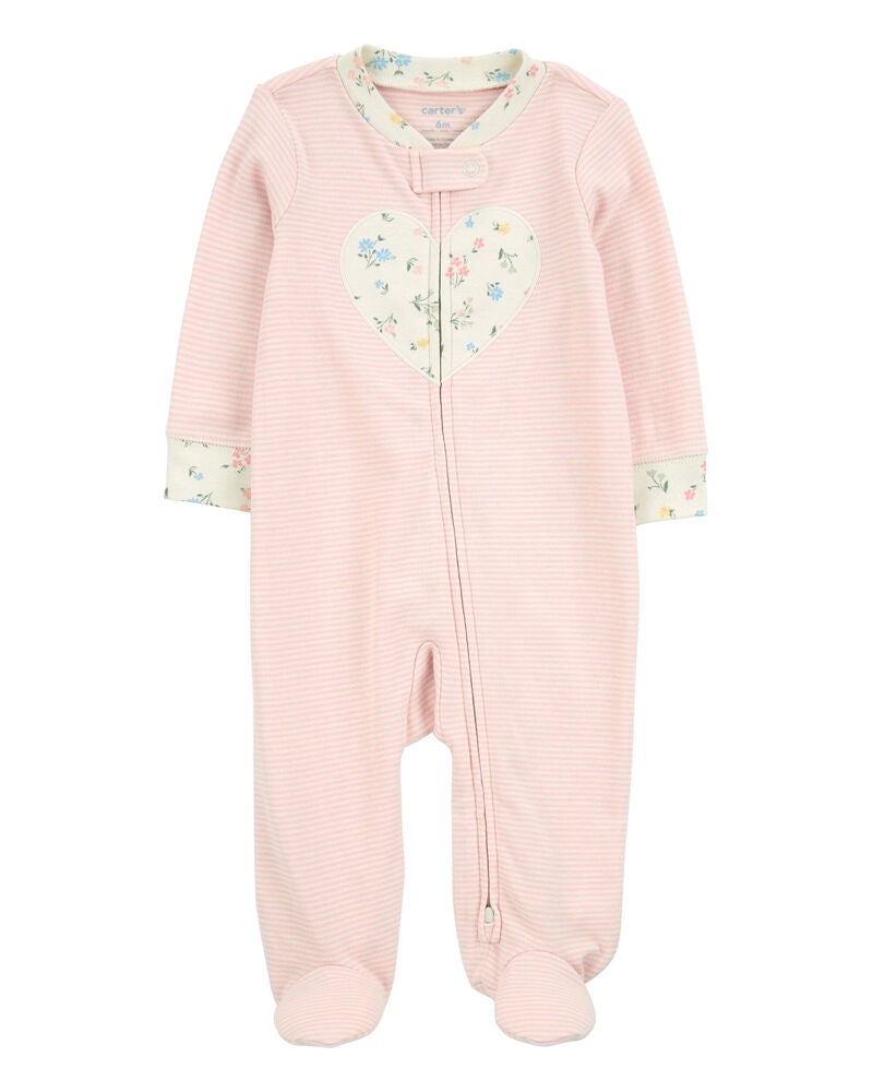 Baby Striped Heart 2-Way Zip Cotton Sleeper, image 1 of 3 slides
