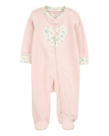 Baby Striped Heart 2-Way Zip Cotton Sleeper, 