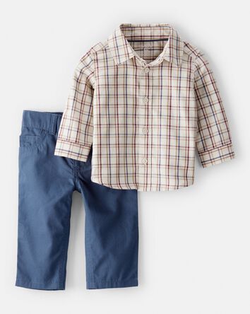 Baby Boy 2-Piece Plaid Shirt & Pant Set - Maroon/Ivory, 