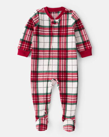 Baby Plaid Print Fleece Long-Sleeve Loose Fit 1-Piece Pajamas, 
