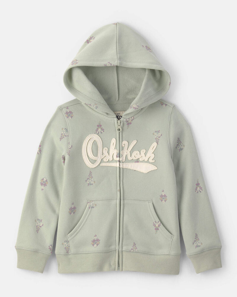 Tout-petit fille - Chandail &agrave; capuchon en molleton &agrave; fermeture &agrave; glissi&egrave;re, motif floral et logo OshKosh - Vert, image 1 sur 2 diapositives