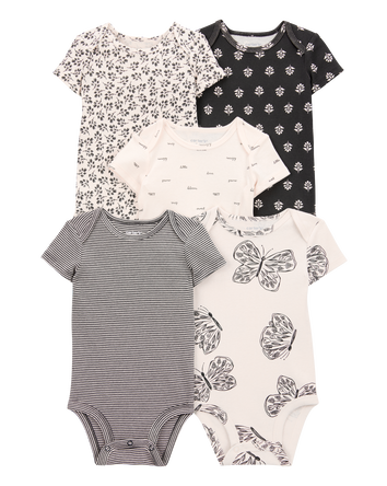 Baby Girl 5-Pack Striped Butterfly Short-Sleeve Cotton Bodysuits, 