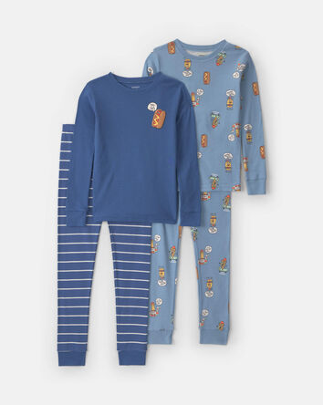 Boys 4-Piece Silly Food 100% Cotton Snug Fit Pyjama Set - Blue, 