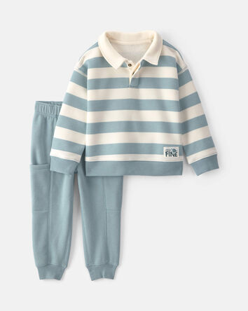 B&eacute;b&eacute; gar&ccedil;on - Ensemble 2 pi&egrave;ces haut henley &agrave; rayures et pantalon en molleton - Bleu/Blanc, 