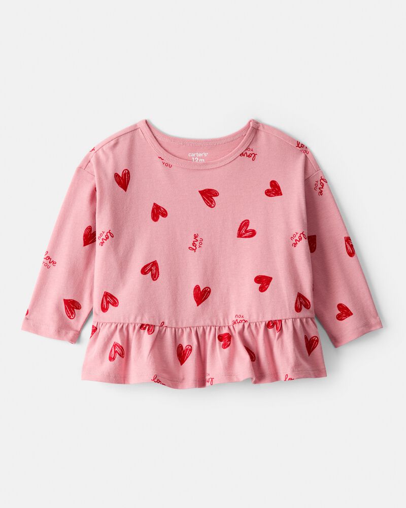 Baby Girl Heart Long-Sleeve Peplum Top - Pink, image 1 of 3 slides