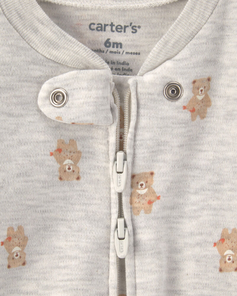 Baby Teddy Bear Cotton 2-Way Zip Sleeper - Grey, image 2 of 5 slides