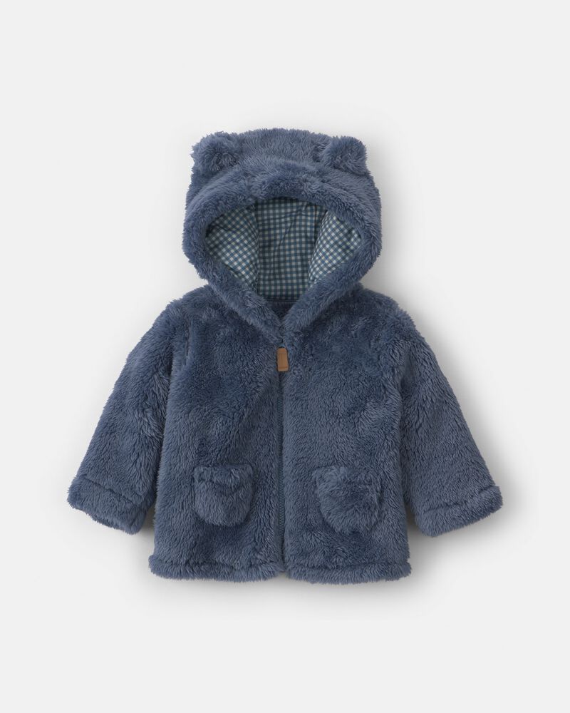 Baby Boy Bear Teddy Fleece Zip-Up Hoodie - Blue, image 1 of 3 slides