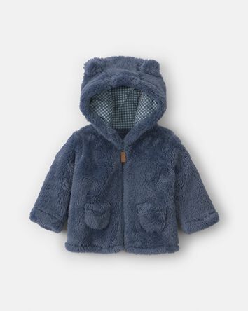 Baby Boy Bear Teddy Fleece Zip-Up Hoodie - Blue, 