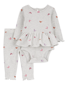 Baby 2-Piece Bird Peplum Bodysuit Pant Set, image 1 of 3 slides
