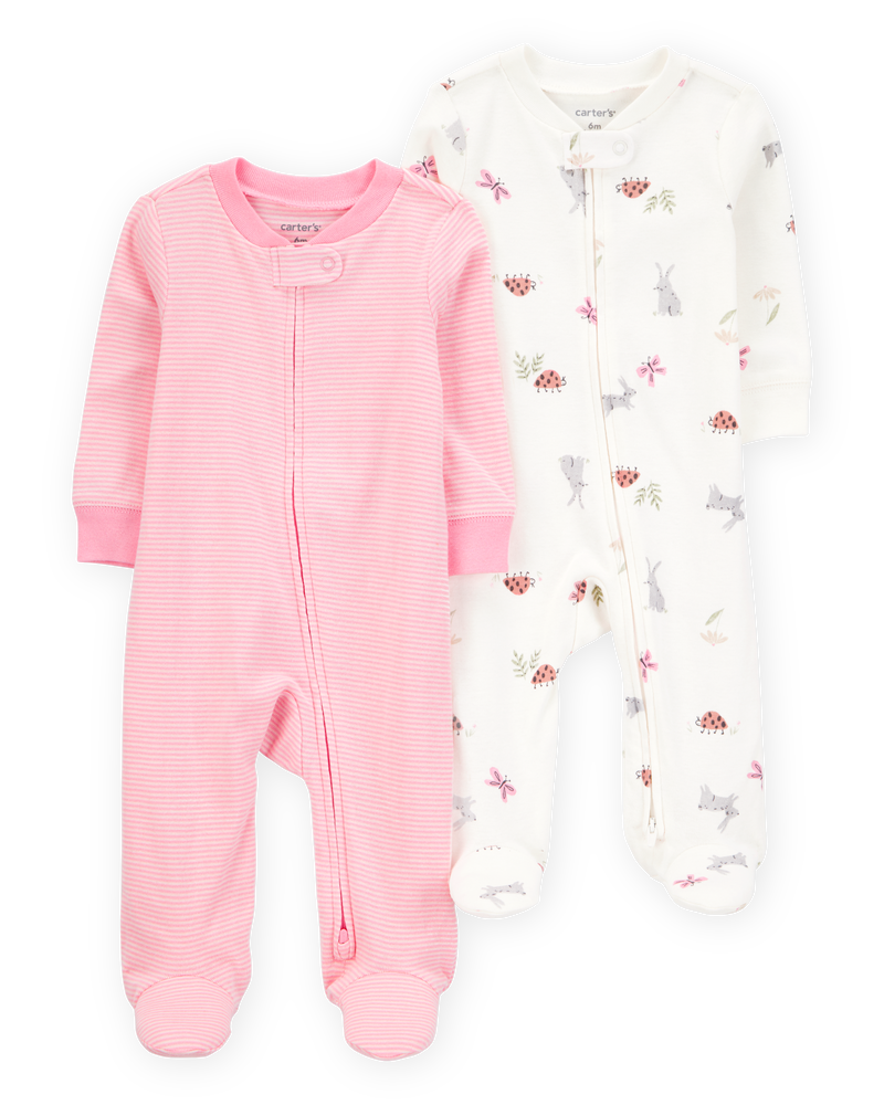 Baby 2-Pack Print 2-Way Zip Cotton Sleeper Pyjamas - Pink, image 1 of 4 slides