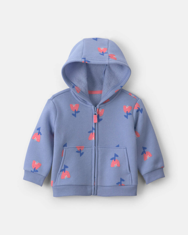 Baby Girl Floral Fleece Zip-Up Hoodie - Blue, image 1 of 3 slides