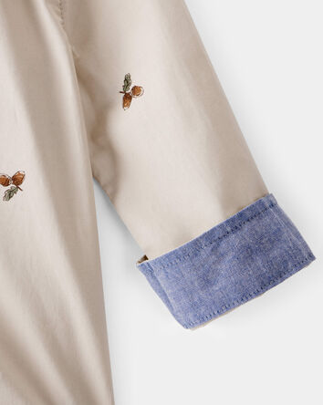 Baby Poplin Acorn Print Long-Sleeve Bodysuit - Khaki, 