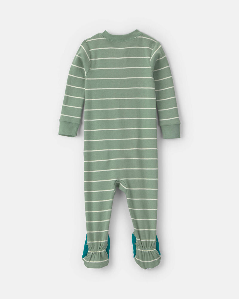 B&eacute;b&eacute; gar&ccedil;on - Pyjama ajust&eacute; 1 pi&egrave;ce en 100&nbsp;% coton &agrave; fermeture &agrave; glissi&egrave;re double sens et pieds &agrave; motif rayures et dinosaure &ndash; Vert, image 2 sur 5 diapositives