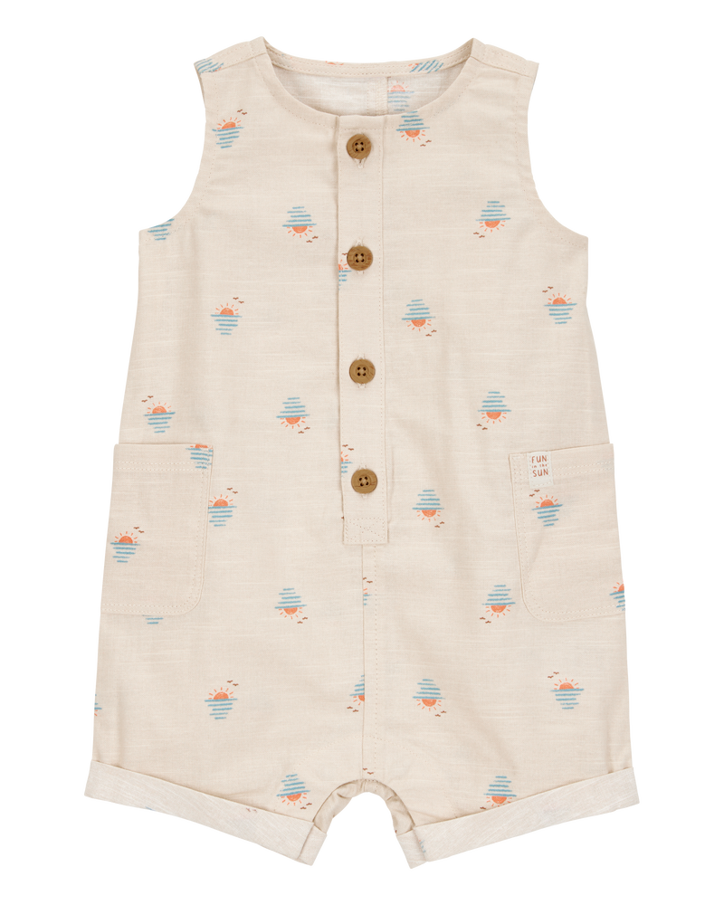 Baby Button-Front Sunset Print Sleeveless Romper, image 1 of 3 slides