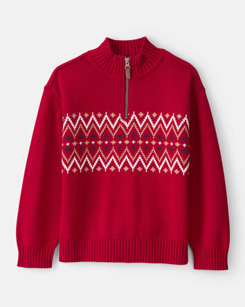 Garçons - Pull à col zippé quart Fair Isle en coton - Rouge, 