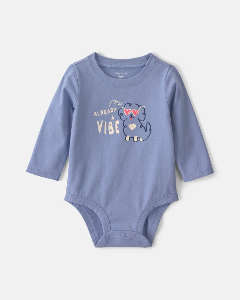 Baby Girl 'Already A Vibe' Dog Long-Sleeve Graphic Bodysuit - Blue, image 1 of 3 slides