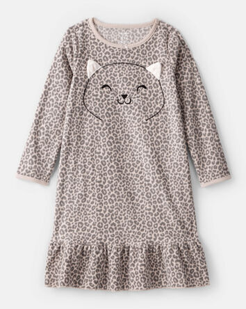 Girls Leopard Print Fleece Long-Sleeve Loose Fit Night Gown - Brown, 