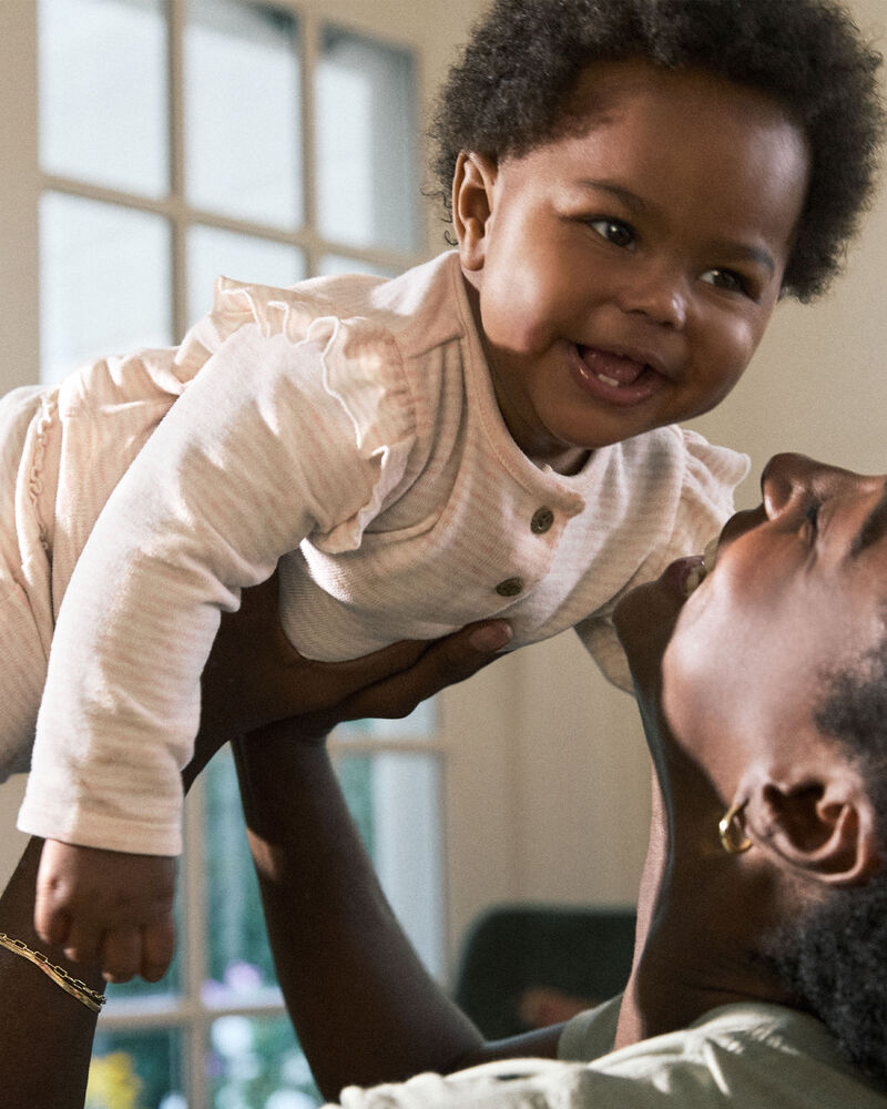 Baby Girl Striped Flutter-Sleeve Long-Sleeve Top - Pink/Cream, image 2 of 4 slides