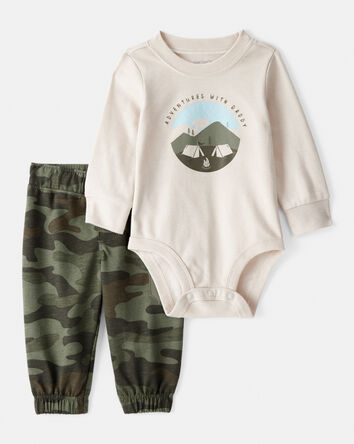 Bébé garçon - Ensemble 2 pièces cache-couche à manches longues et pantalon en coton camouflage de camping – Vert/Beige, 