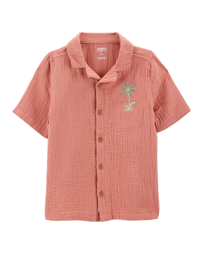 Kid Palm Tree Print Button-Front Shirt - Red, image 1 of 4 slides