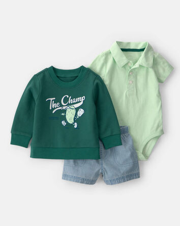 Baby Boy 3-Piece Pickleball Sweatshirt, Bodysuit & Short Set - Green, 