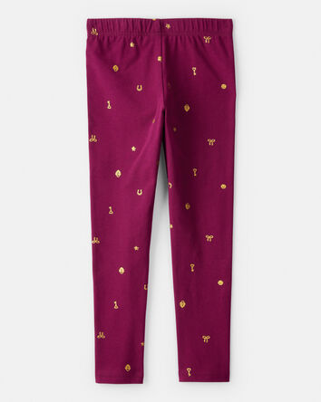 Girls Bow Print Pull-On Stretch Leggings - Purple, 