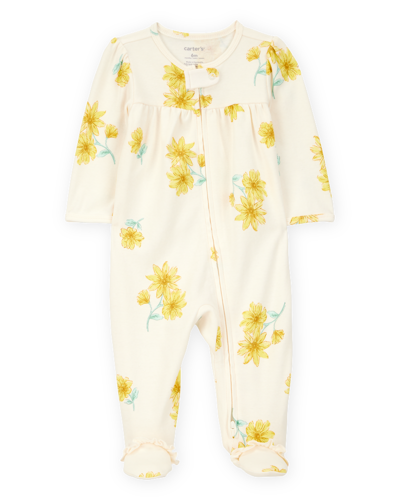 Baby Girl Floral Print 2-Way Zip Cotton Sleeper Pyjamas - Cream, image 1 of 3 slides