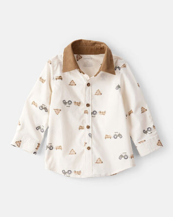 Baby Boy Tractor Print Cotton Long-Sleeve Button Down Shirt - White, 