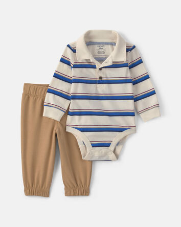 Baby Boy 2-Piece Striped Long-Sleeve Bodysuit & Pant Set - Cream/Khaki, 
