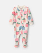Baby Girl 2-Way Zip Strawberry Cotton Sleepers - Cream/Blue/Coral, image 1 of 5 slides