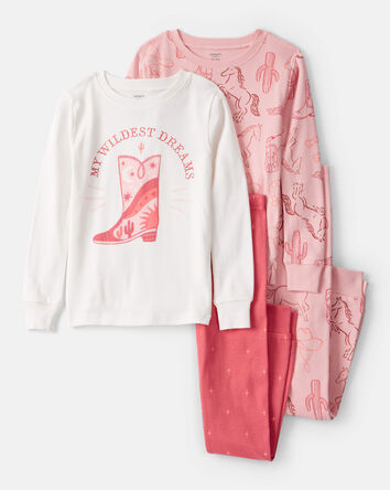 Girls Cowgirl Print 100% Cotton Long-Sleeve Snug Fit 4-Piece Pyjamas - Pink, 