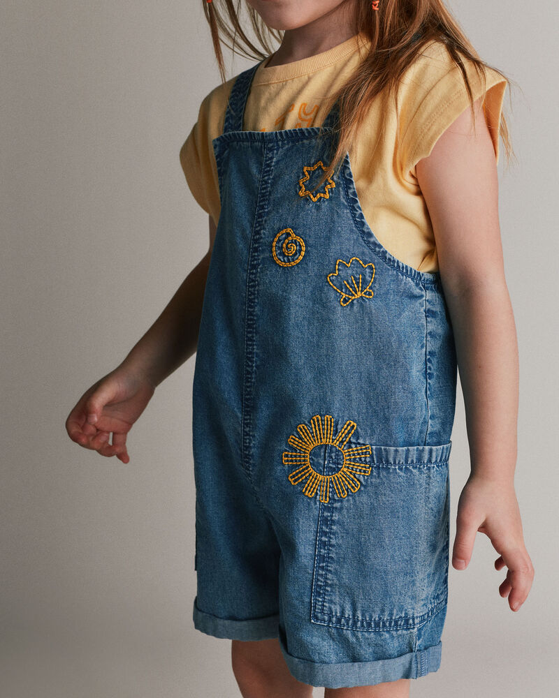 Toddler Embroidered Shortall with Pockets in Chambray , image 3 of 7 slides