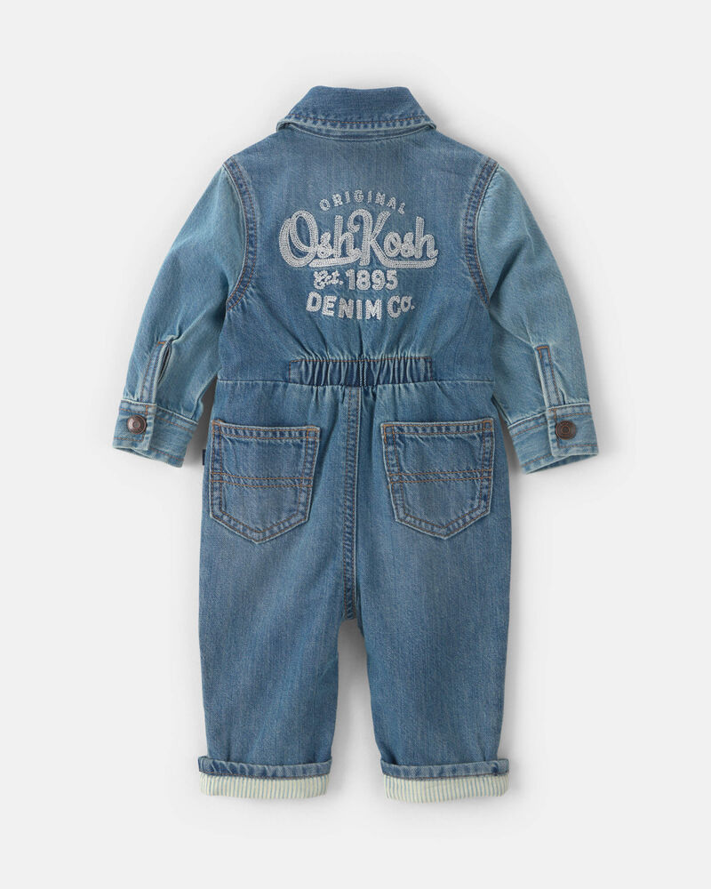 B&eacute;b&eacute; - Combinaison manches longues en denim &agrave; logo OshKosh - D&eacute;lav&eacute; moyen, image 1 sur 4 diapositives