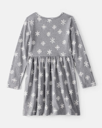Girls Snowflake Print Cotton Long-Sleeve Dress - Grey, 