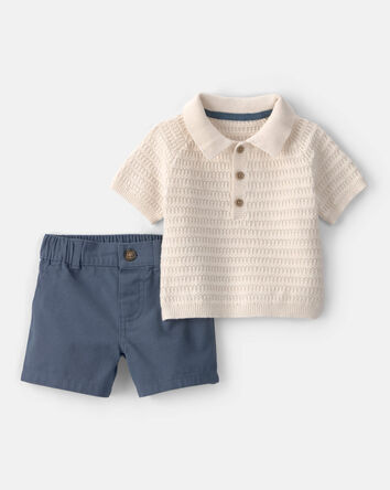 Baby Boy 2-Piece Collared Shirt & Short Set - Cream/Blue, 