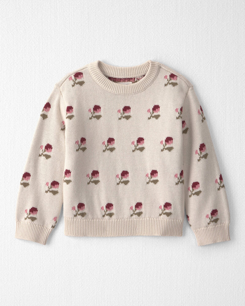 Toddler Girl Organic Cotton Sweater Knit Pullover in Floral Jacquard, image 1 of 5 slides