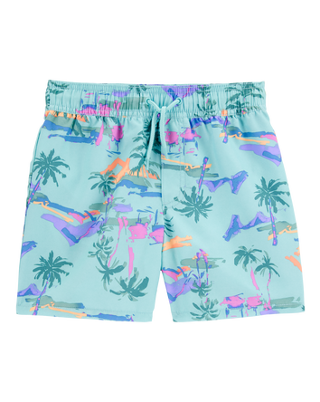Kid Tropical-Print Pull-On Swim Trunks, 