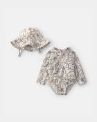 Baby Girl 2-Piece Long-Sleeve Rashguard Swimsuit & Hat Set - Black/Ivory, image 1 of 4 slides