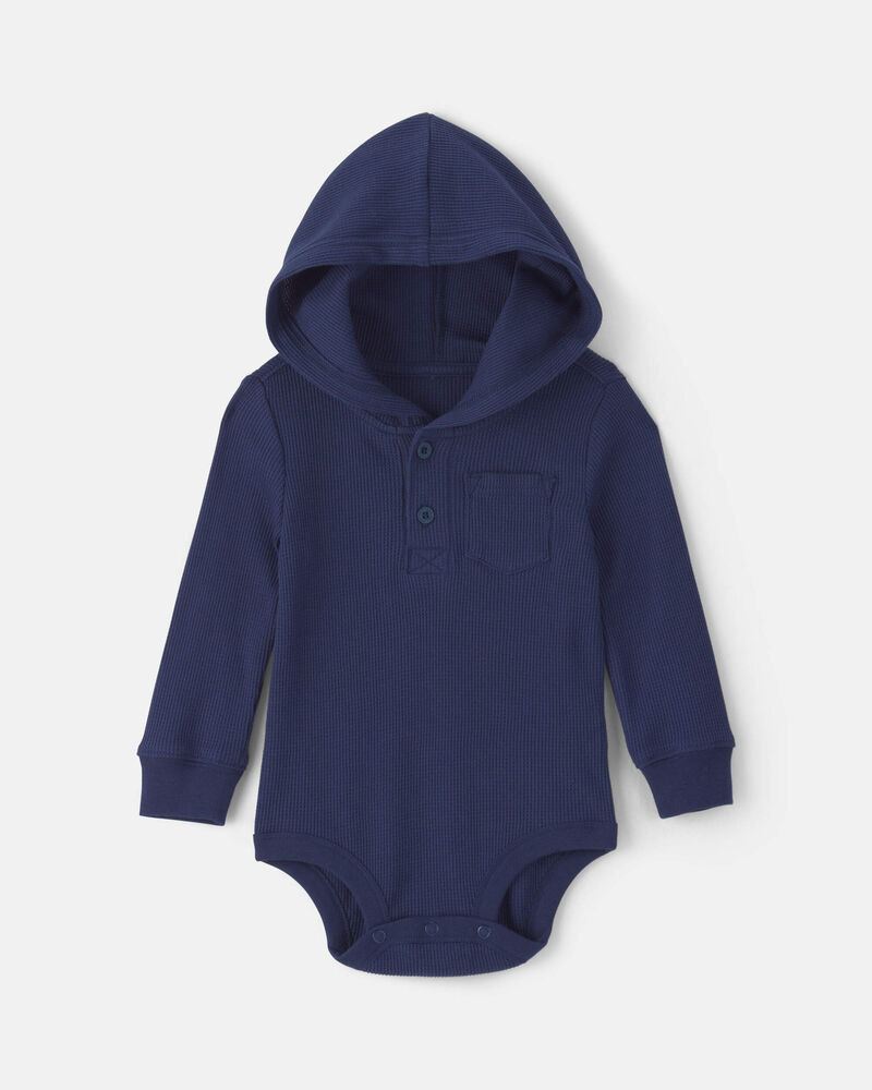 Baby Boy Thermal Long-Sleeve Hooded Bodysuit - Navy Blue, image 1 of 3 slides