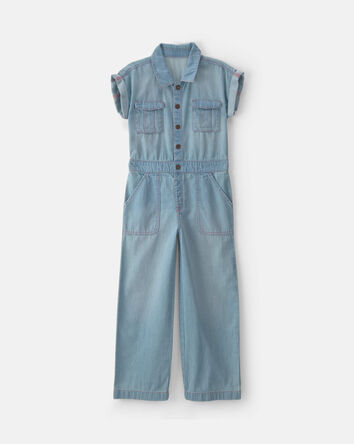 Girls Denim Short-Sleeve Jumpsuit - Light Wash, 