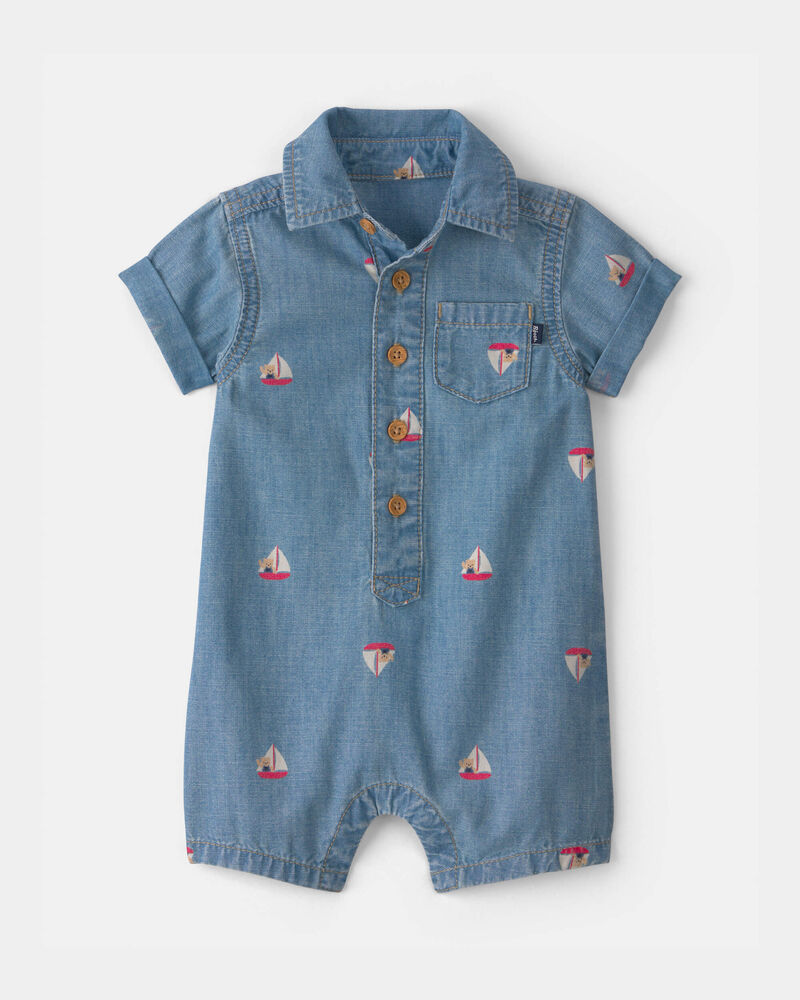 Baby Teddy Bear Sailboat Chambray Romper - Blue, image 1 of 3 slides