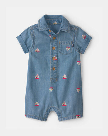 Baby Teddy Bear Sailboat Chambray Romper - Blue, 