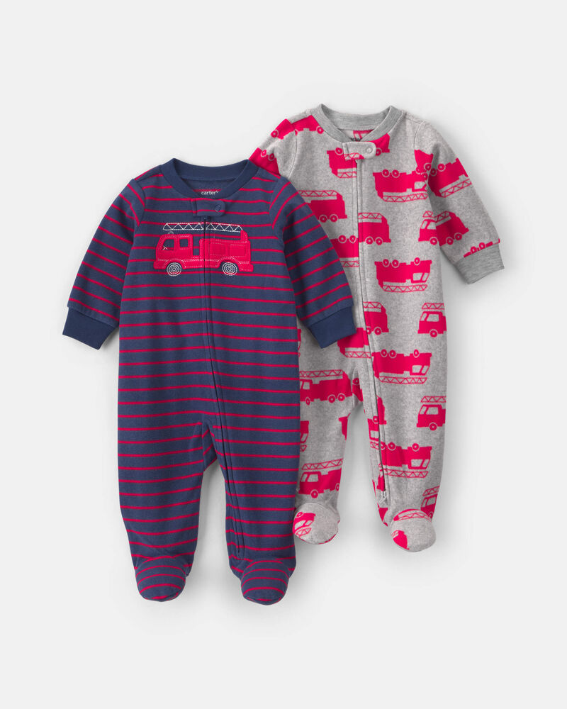 Baby Boy 2-Pack Firetruck Striped Fleece 2-Way Zip Sleepers - Blue/Red/Grey, image 1 of 5 slides