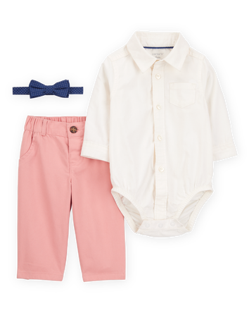 Baby 3-Piece Bowtie Pant Set - Ivory/Pink, 