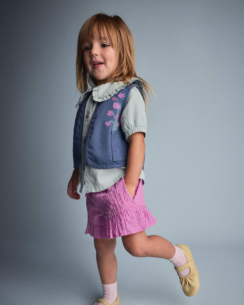 Toddler Girl Embroidered Cropped Vest with Otter Pockets - Slate Blue, image 1 of 6 slides