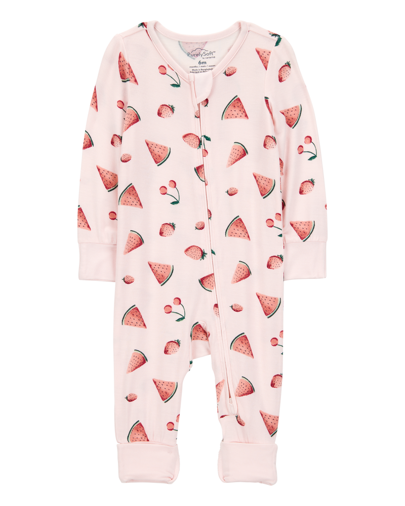 Baby Girl Watermelon 2-Way Zip PurelySoft Footless Sleeper, image 1 of 7 slides