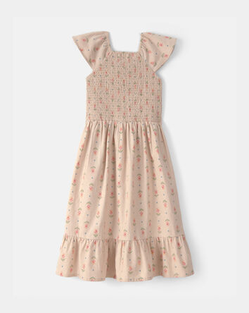 Filles - Robe midi &agrave; smocks, motif floral - Beige, 