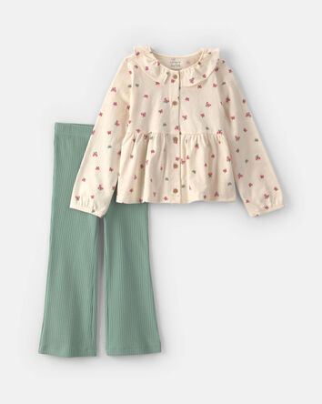 Toddler Girl 2-Piece Butterfly Long-Sleeve Top & Pant Set - Cream/Green, 