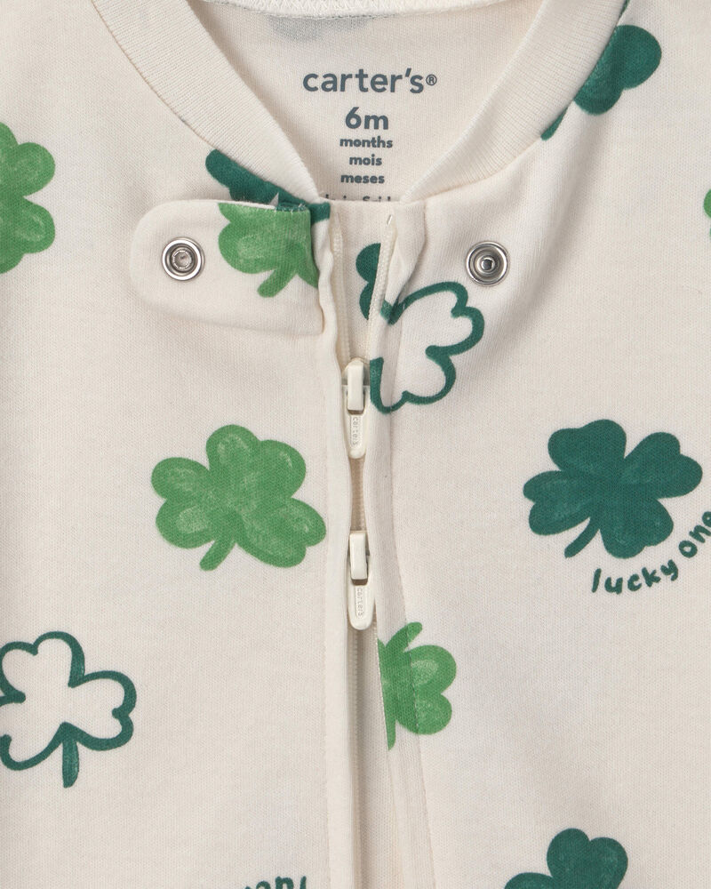 Baby 2-Way Zip St Patrick's Day Cotton Sleeper - Cream/Green, image 3 of 5 slides
