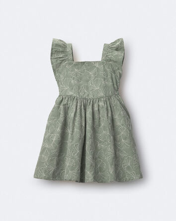 Toddler Girl Embroidered Flutter Sleeve Dress in Floral Print - Green, 